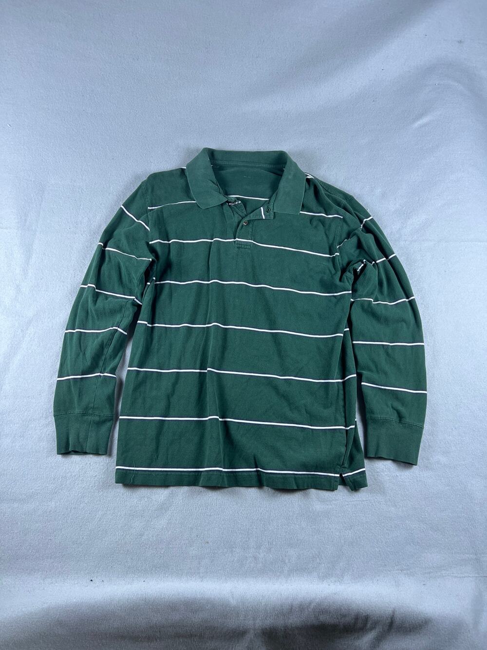 Vintage Polo Shirt Mens M Green White Long Sleeve Striped Rugby Classic Sports